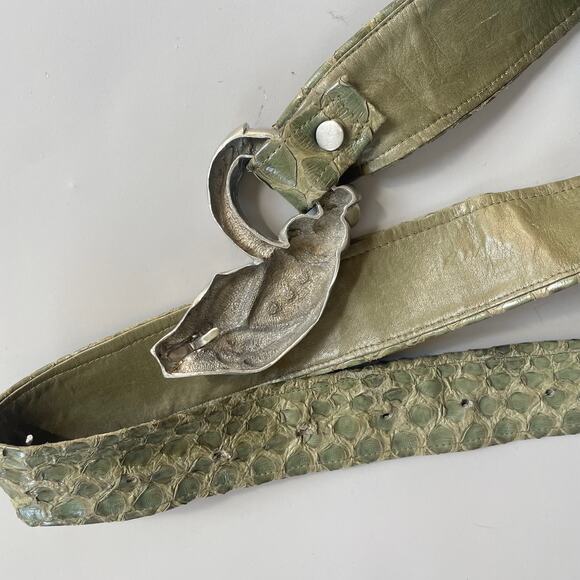 80s Snake Head Buckle Snakeskin Belt  Leather Vintage Giant Buckle Exotic Lthr - Picture 6 of 9